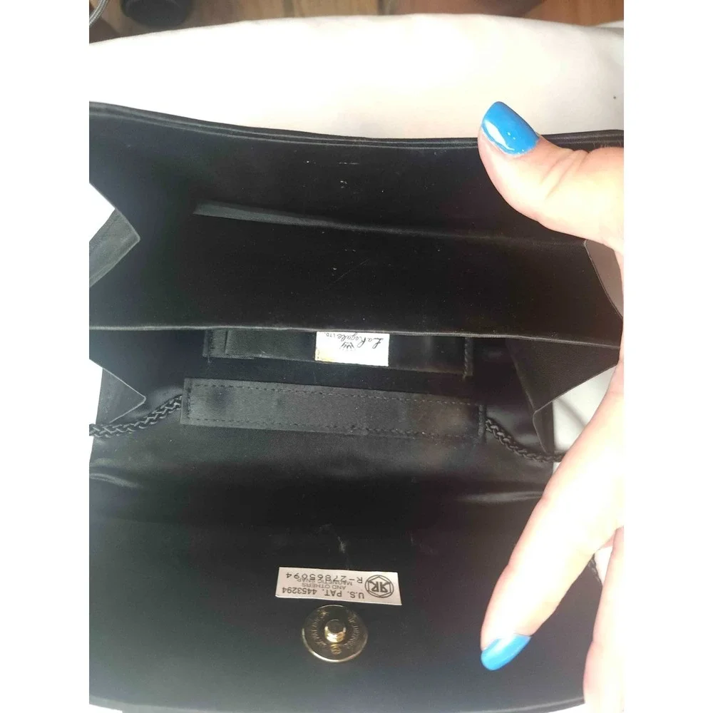 La Regale Clutch Bag Women Black Satin Formal Evening Shoulder Gold Pearl Clasp